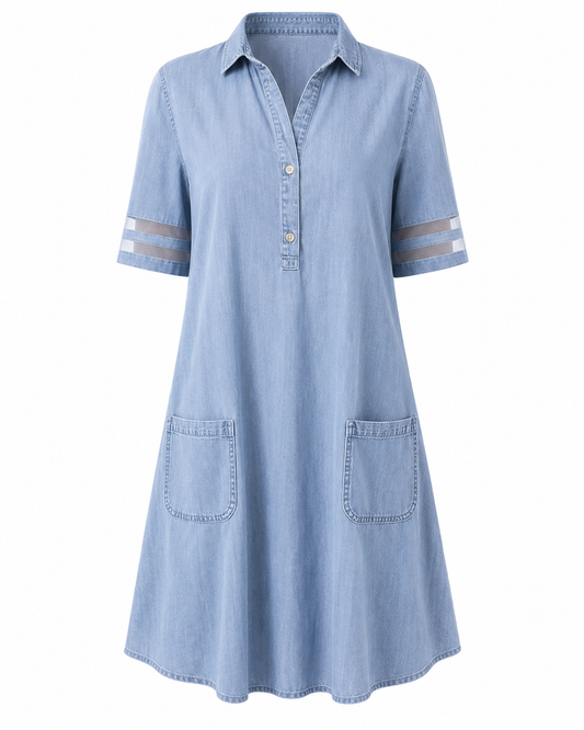 Minivestido Vaquero Azul – Cuello, Mangas de Encaje y Bolsillos Laterales