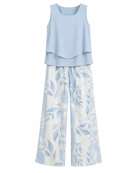 Conjunto de Dos Piezas para Mujer con Estampado de Moda – Top Sin Mangas y Pantalón