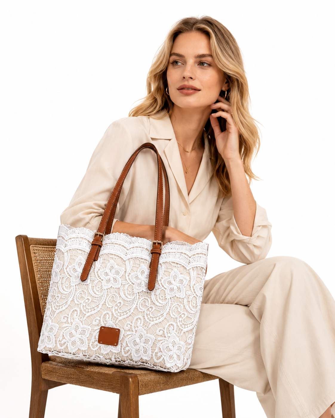 Elegante Bolso Tote de Encaje con Gran Capacidad