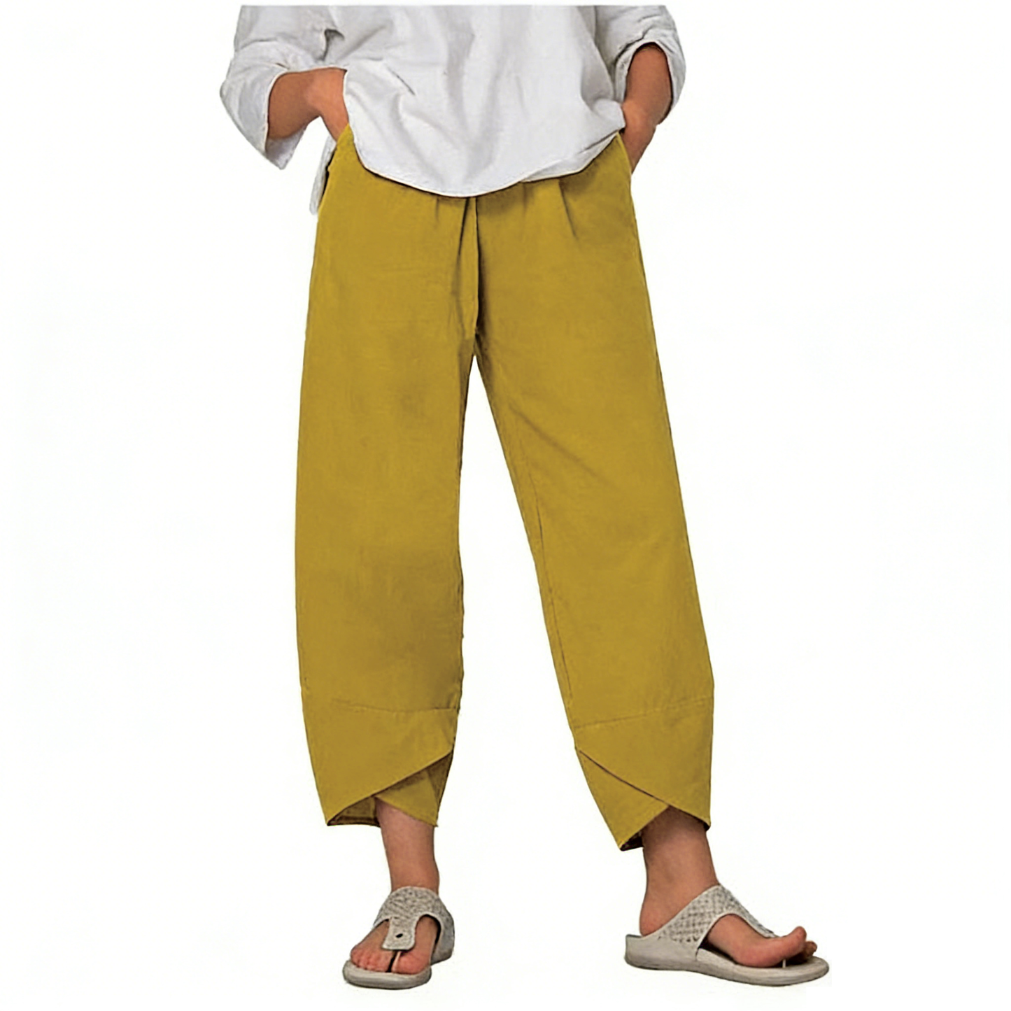 Pantalón Vintage con Cintura Elástica Asimétrica y Bolsillos