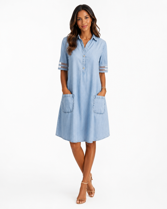 Minivestido Vaquero Azul – Cuello, Mangas de Encaje y Bolsillos Laterales
