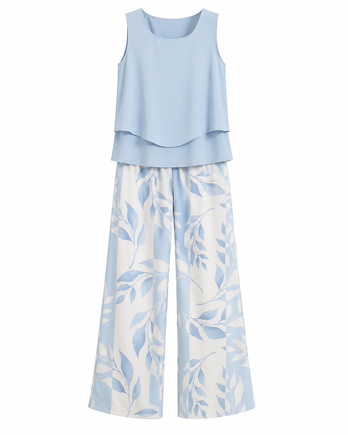 Conjunto de Dos Piezas para Mujer con Estampado de Moda – Top Sin Mangas y Pantalón