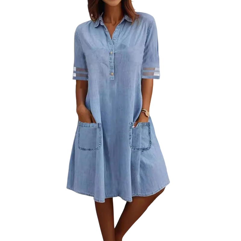Minivestido Vaquero Azul – Cuello, Mangas de Encaje y Bolsillos Laterales