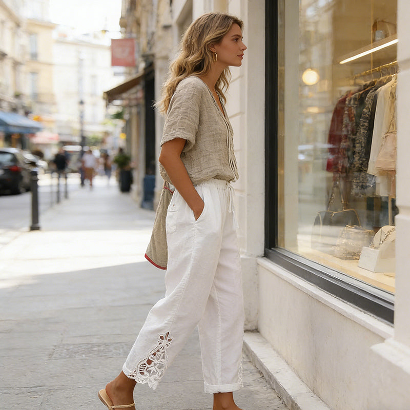 Pantalones para Mujer con Detalles de Encaje y Cordón Ajustable