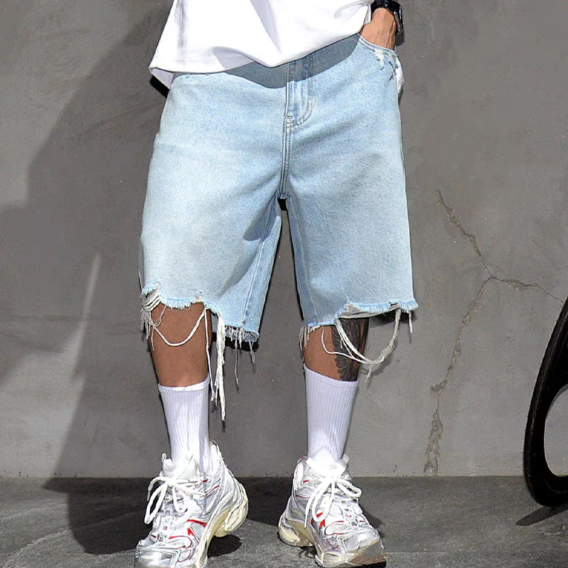 Shorts de Mezclilla Holgados para Hombre con Dobladillo Deshilachado