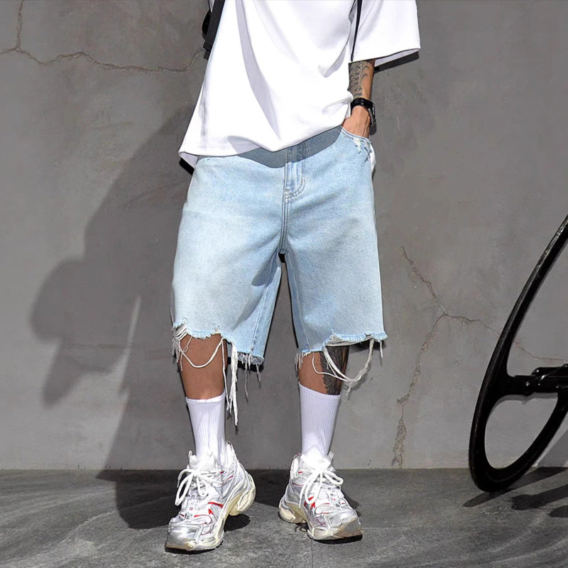 Shorts de Mezclilla Holgados para Hombre con Dobladillo Deshilachado