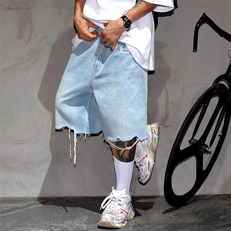 Shorts de Mezclilla Holgados para Hombre con Dobladillo Deshilachado