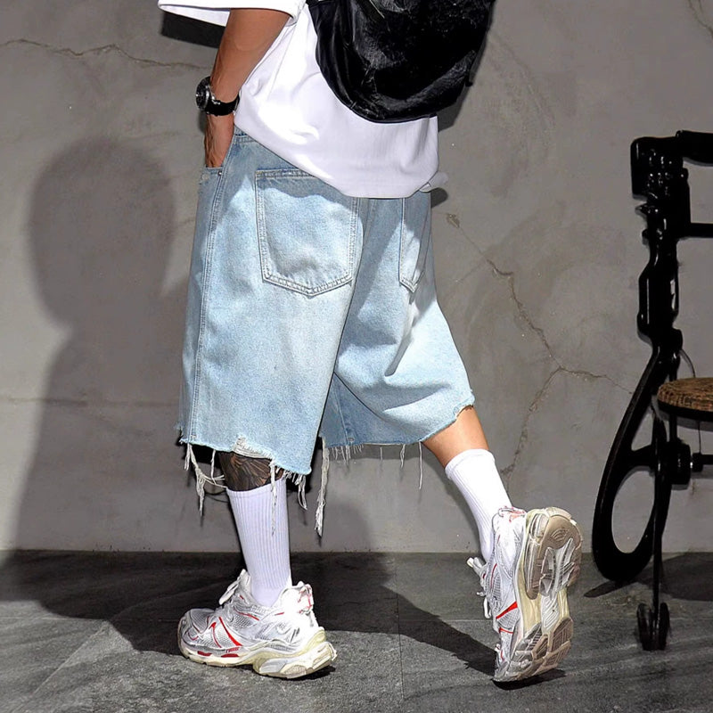 Shorts de Mezclilla Holgados para Hombre con Dobladillo Deshilachado