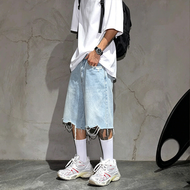 Shorts de Mezclilla Holgados para Hombre con Dobladillo Deshilachado
