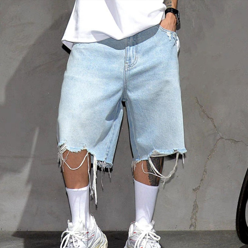 Shorts de Mezclilla Holgados para Hombre con Dobladillo Deshilachado