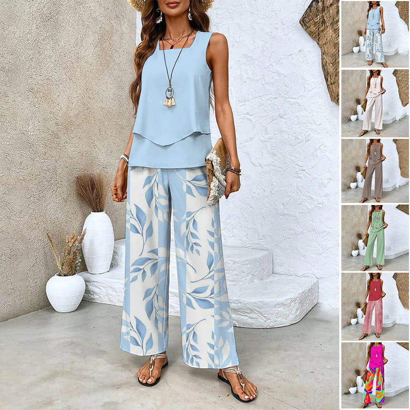 Conjunto de Dos Piezas para Mujer con Estampado de Moda – Top Sin Mangas y Pantalón