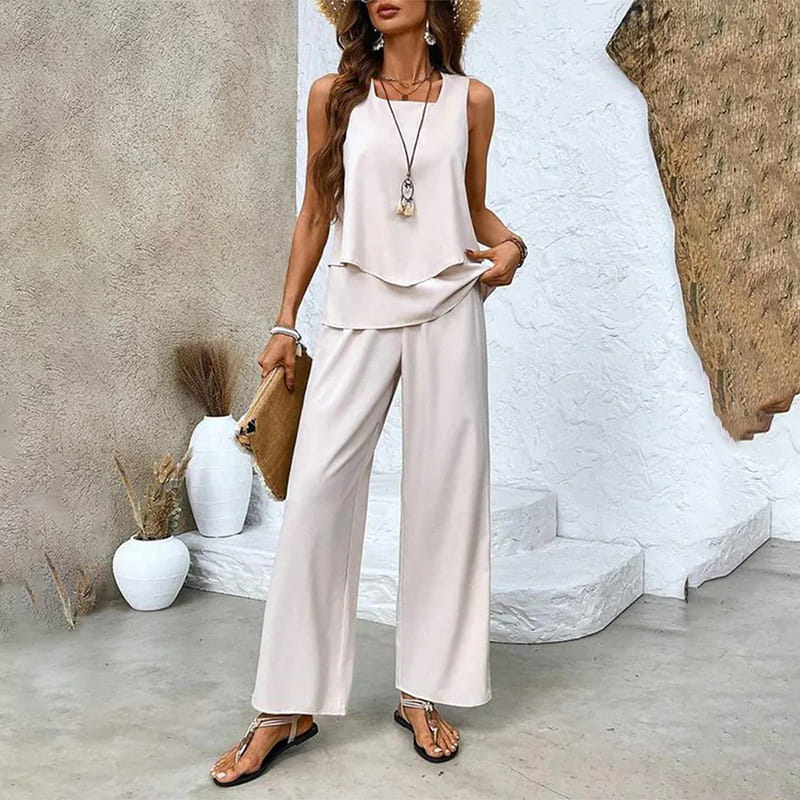 Conjunto de Dos Piezas para Mujer con Estampado de Moda – Top Sin Mangas y Pantalón