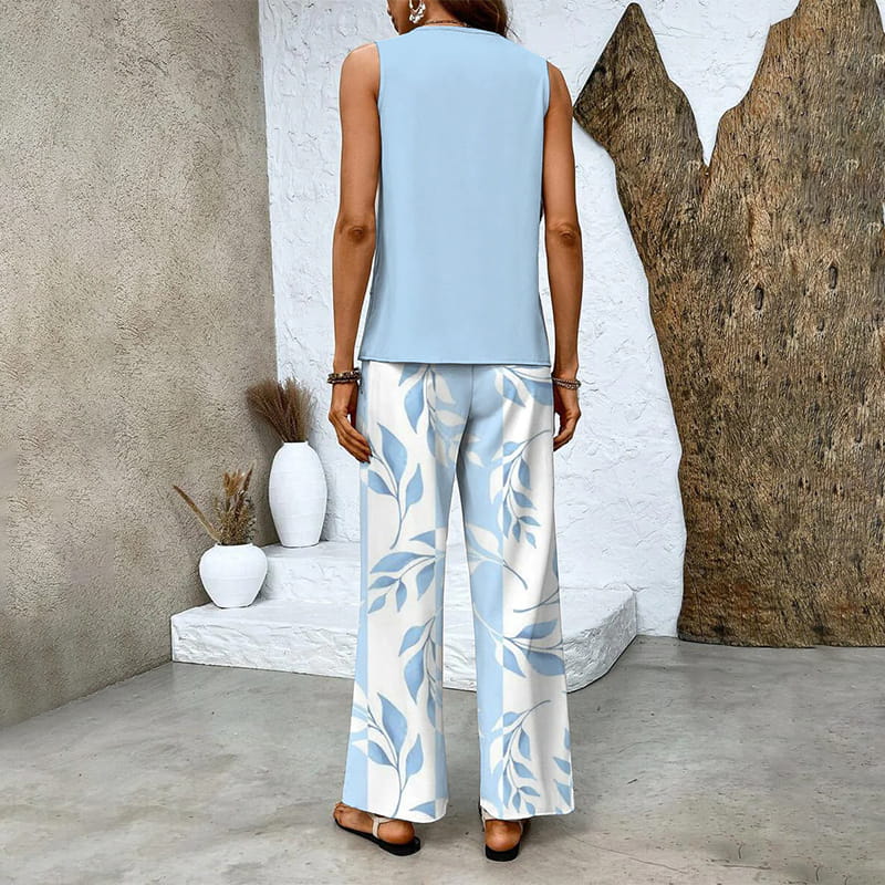 Conjunto de Dos Piezas para Mujer con Estampado de Moda – Top Sin Mangas y Pantalón
