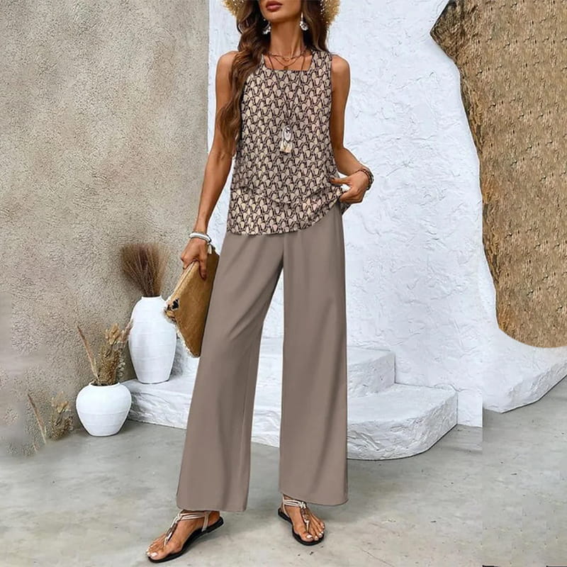 Conjunto de Dos Piezas para Mujer con Estampado de Moda – Top Sin Mangas y Pantalón