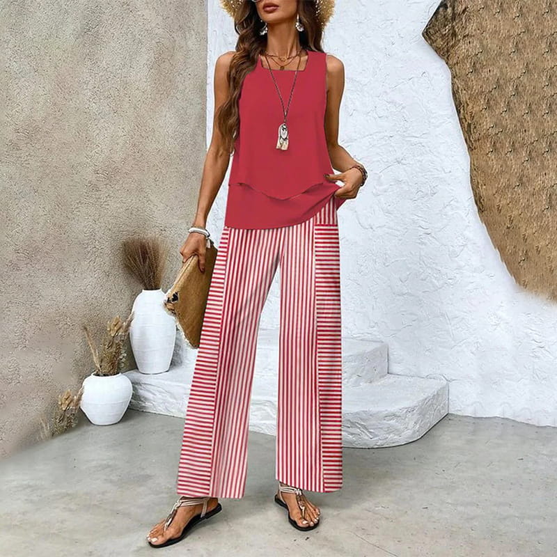 Conjunto de Dos Piezas para Mujer con Estampado de Moda – Top Sin Mangas y Pantalón