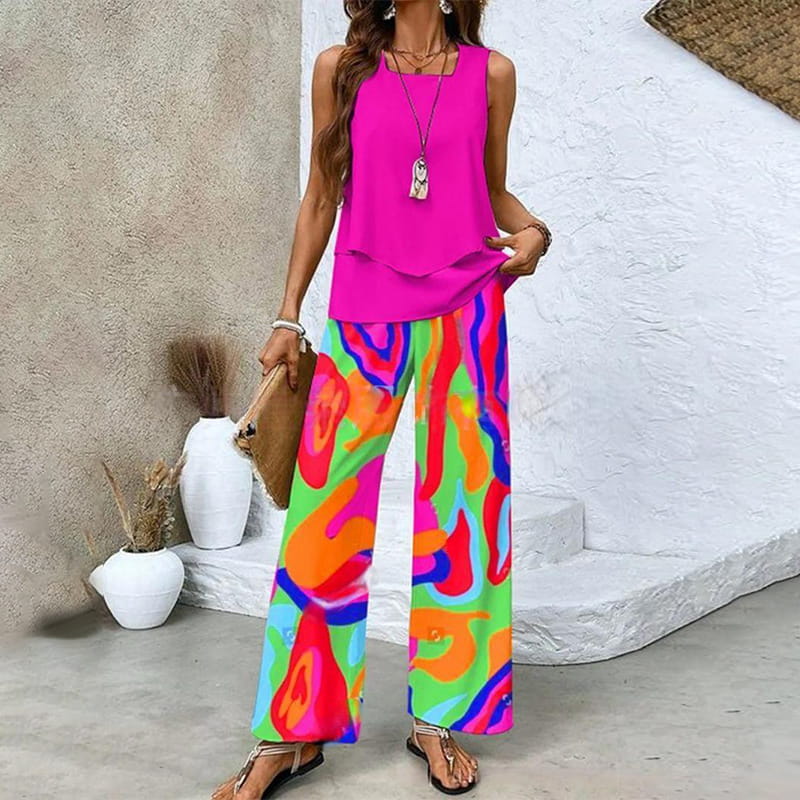 Conjunto de Dos Piezas para Mujer con Estampado de Moda – Top Sin Mangas y Pantalón