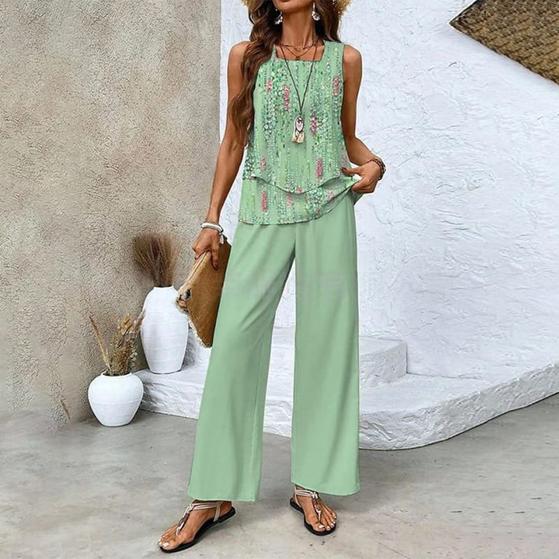 Conjunto de Dos Piezas para Mujer con Estampado de Moda – Top Sin Mangas y Pantalón