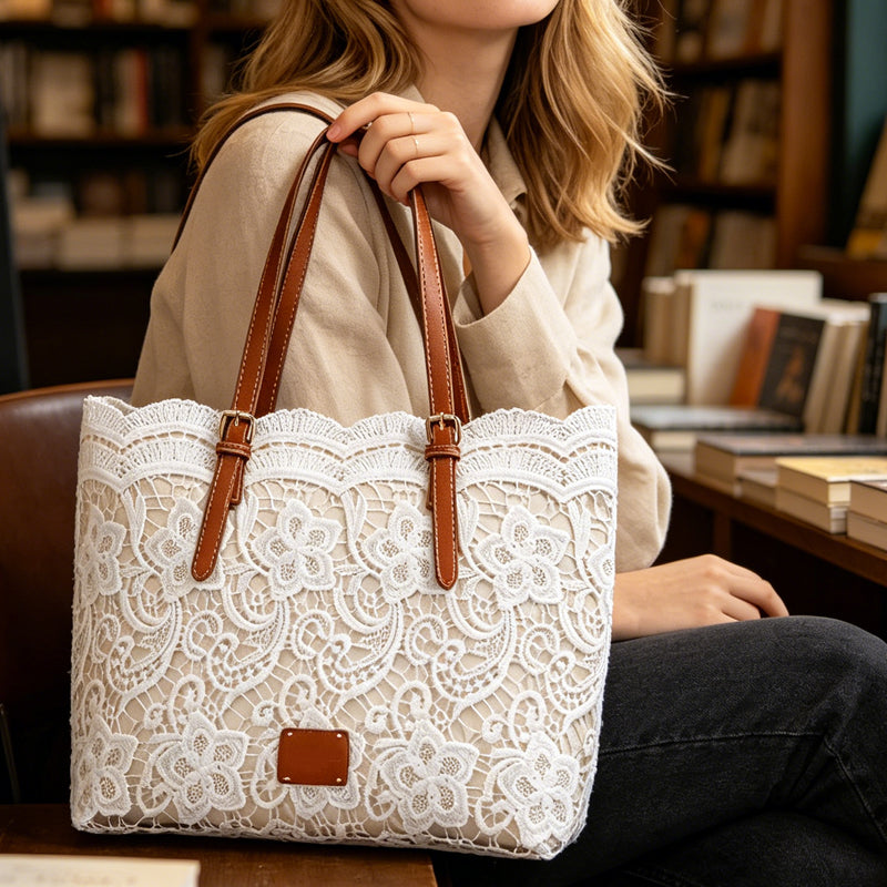 Elegante Bolso Tote de Encaje con Gran Capacidad