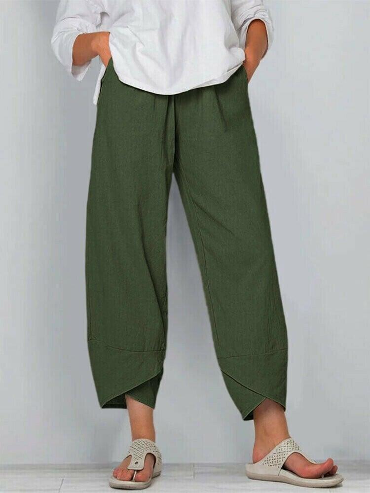 Pantalón Vintage con Cintura Elástica Asimétrica y Bolsillos