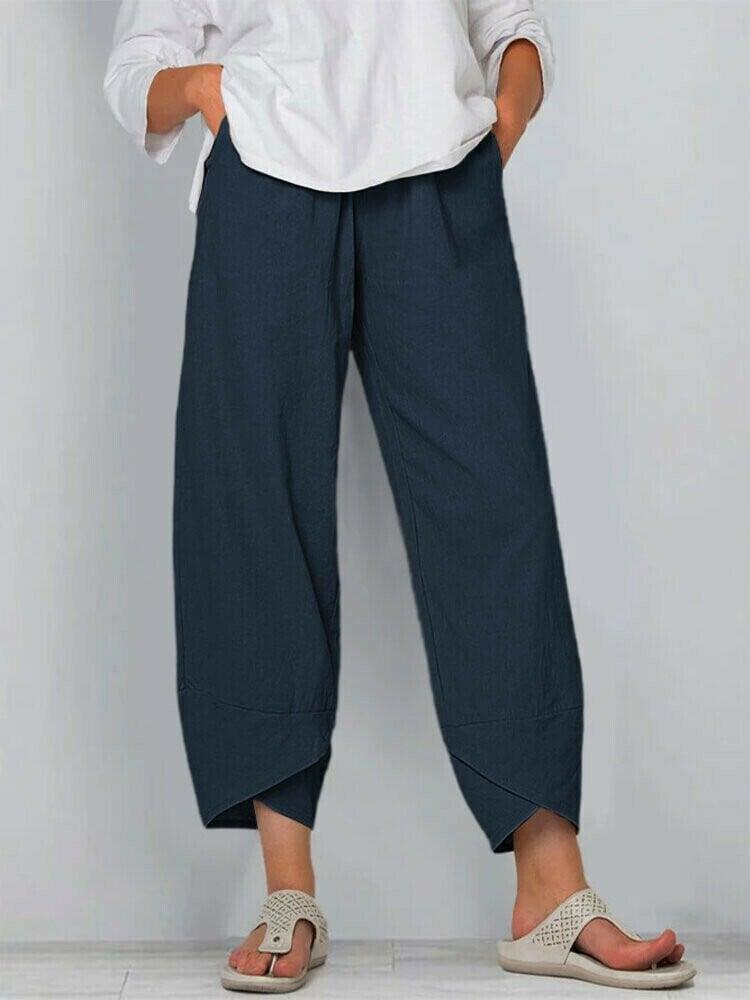 Pantalón Vintage con Cintura Elástica Asimétrica y Bolsillos